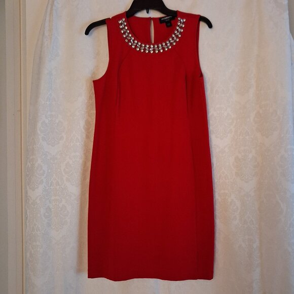 Short, Sleeveless Bright Red Dress with Sparkly Crystal Jeweled Neckline - Picture 1 of 4